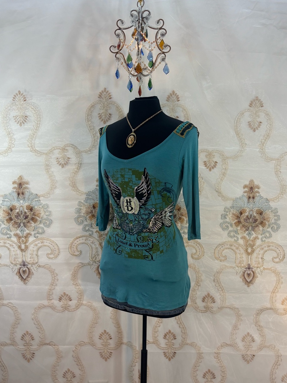 ✨Vintage Y2K Harley Davidson Blue Studded Graphic Quarter Sleeve Top✨